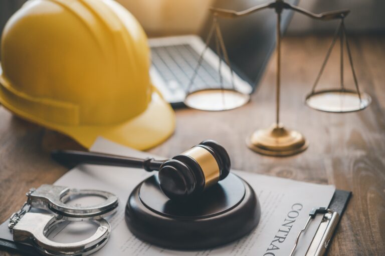 Judge's hammer and helmet Law and Justice about labor law concept Construction law.